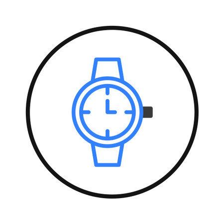 An iconic representation of a wristwatch encapsulated within a simple circular border. The illustration, rendered in a clean blue, evokes ideas of organization, promptness, and efficient timeのイラスト素材