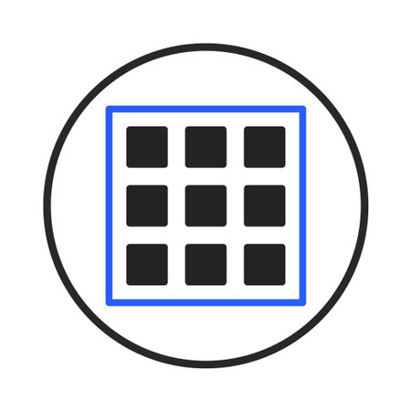 The image showcases a stylized graphical representation of an application menu. A collection of black squares is neatly arranged within a blue square border, all encapsulated by a circular blackのイラスト素材