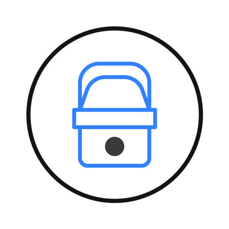 A minimal graphic with a blue outlined container inside a thick black circle. The container object has a handle and simple rectangular form, set against a clean white background, offering aのイラスト素材