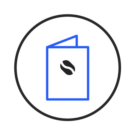 This graphic presents a clean, modern icon representing a coffee house menu. It invites exploration with its simple lines, blue frame, and coffee bean graphic. Ideal for use in apps, websites, orのイラスト素材