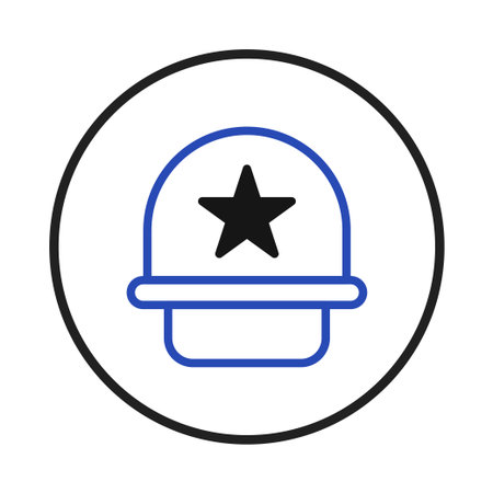 Stylized graphic illustration of a police hat within a circle. The police hat features a star symbol on the front. The symbol represents police, security, protection, and law enforcement. Use thisのイラスト素材