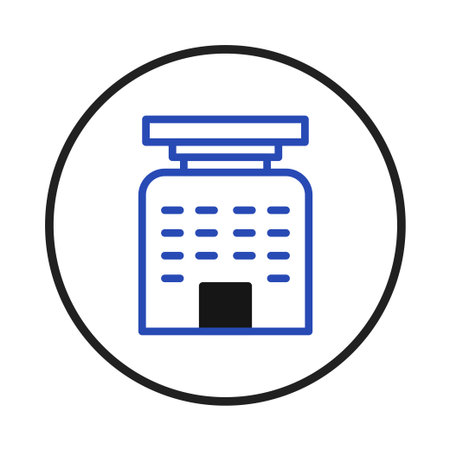 Modern and minimalist illustration showcasing the front of a commercial building, rendered in a clean outline style within a circular frame. Ideal for architecture, real estate, or urban developmentのイラスト素材