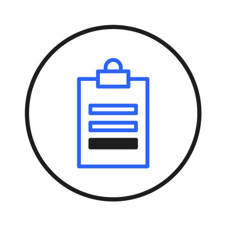 This is a minimalist depiction of a clipboard, rendered in blue lines against a white backdrop, encapsulated by a black circle, symbolizing organization, documentation, and information managementのイラスト素材