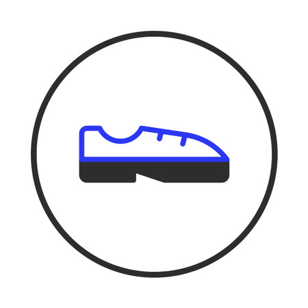 A sleek, minimalist shoe icon displayed within a circular frame, rendered in bold lines and contrasting colors. Represents concepts of pedestrian movement, lifestyle, and fashion. Suitable forのイラスト素材