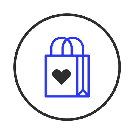 A minimal illustration of a shopping bag. A black heart is placed in the center of the blue shopping bag. The bag has a simple and clean design, giving the illustration a modern and contemporaryのイラスト素材