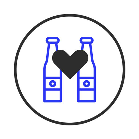 A minimalistic illustration features two bottles outlined in blue, symbolically embracing with a heart at their juncture, encapsulated in a black circle. This conveys themes of partnership, love,のイラスト素材