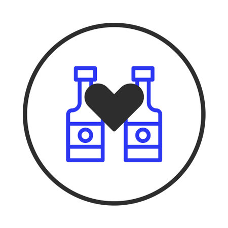 This minimalistic icon showcases two stylized drink bottles closely positioned, with a heart symbol in between, representing love and connection. The simple design employs a limited color paletteのイラスト素材