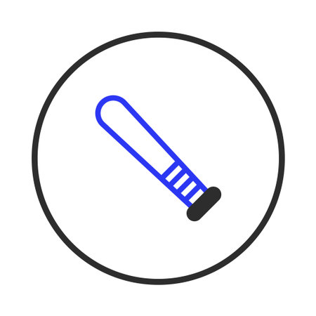 A minimalist vector illustration of a baseball bat depicted inside a circle. The design features clean lines and a simple color palette with blue, black, and white. This image would work well forのイラスト素材