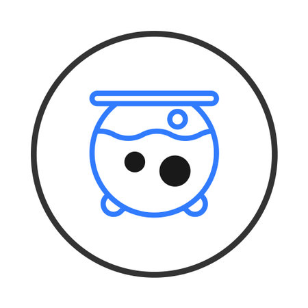 A stylized, flat vector illustration of a blue outlined cauldron. Inside, simulated bubbles indicate a bubbling liquid. Ideal for Halloween themes, magical concepts, or as a simple graphic elementのイラスト素材