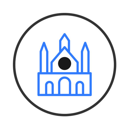 A minimalist icon illustrating a church with symmetrical towers and facade design against a circular backdrop. The clean, linear style evokes a sense of spirituality and architectural significance,のイラスト素材
