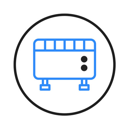 This vector graphic presents a blue outline of an electric heater within a black circle. It's suitable for illustrating domestic comfort, climate control, heating solutions, and seasonal warmth,のイラスト素材