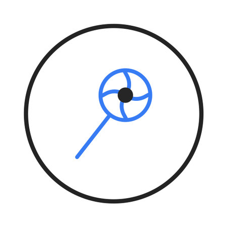 This image presents a stylized icon of a blue pinwheel lollipop within a circular frame. The design is minimalistic and modern, evoking a sense of childhood sweetness and whimsical simplicity. Theのイラスト素材