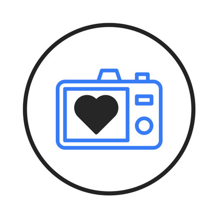 This captivating image presents a stylized camera icon featuring a heart symbol within its screen. Enclosed in a clean, simple circular frame, it represents the fusion of technology and emotion,のイラスト素材