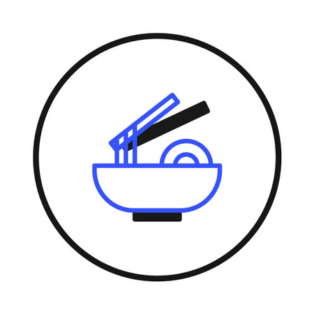 This image features a minimalist line art depiction of a noodle dish in a bowl with chopsticks. The...