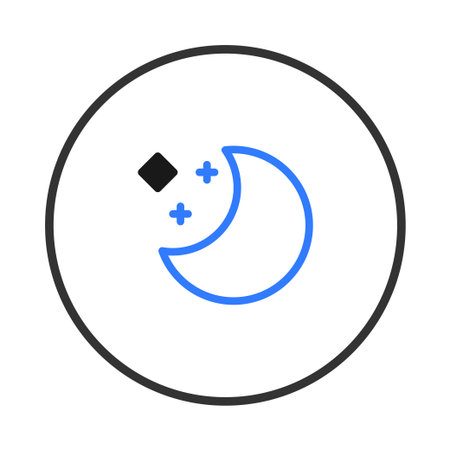 A minimalist icon depicting a serene night scene. Features a blue crescent moon, two small plus sign...