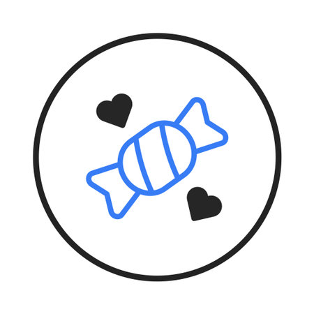 A delightful stylized vector graphic of a wrapped candy surrounded by hearts, perfectly conveying themes of sweetness, affection, and delightful treats, suitable for Valentine's Day projects,のイラスト素材