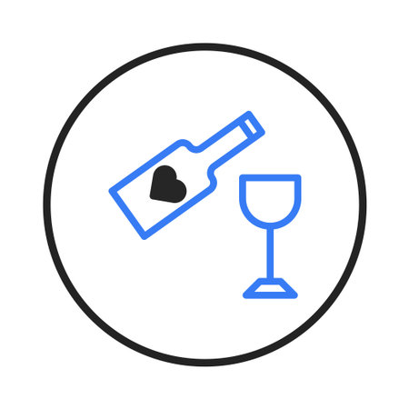 A minimalist illustration featuring a stylized blue bottle adorned with a black heart, positioned alongside a matching blue glass, set against a clean white background. This emblem conveysのイラスト素材
