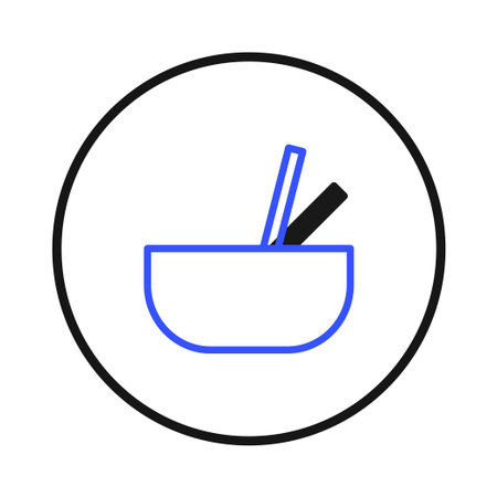 This minimalist illustration depicts a bowl with chopsticks, perfect for representing asian cuisine. The clean lines and simple design make it ideal for use in menus, websites, or any design projectのイラスト素材