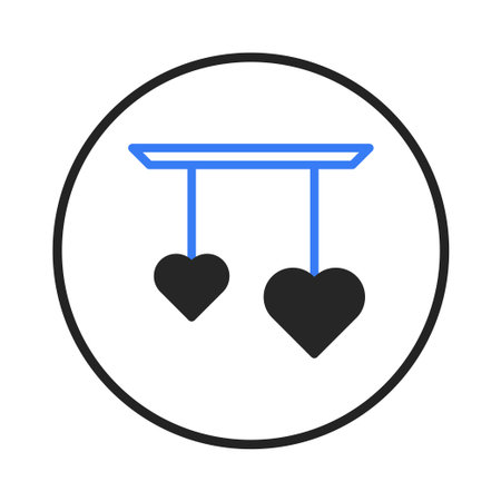 A minimalist illustration showcases two black hearts suspended by blue lines from a horizontal blue bar. The design is clean and modern, enclosed within a bold black circle. This evokes feelings ofのイラスト素材