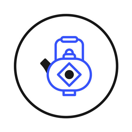 This image features a stylized depiction of an asian teapot, rendered in a clean geometric style and vibrant colors. Ideal for representing tea culture, design, oriental themes, or a variety ofのイラスト素材
