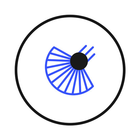 This image shows a minimalist geometric design. The design features an abstract fan shape within a circle. The combination of blue lines, a black dot, and circular form creates a modern and visuallyのイラスト素材