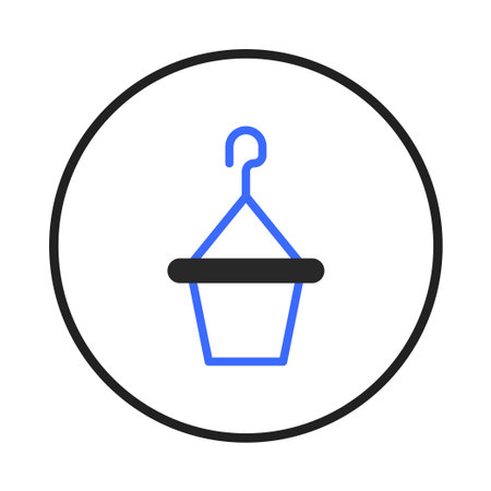 A simple and clean illustration of a hanging planter is presented within a circular frame, conveying a modern aesthetic, the design uses a minimalist approach to depict botanical style in an iconのイラスト素材