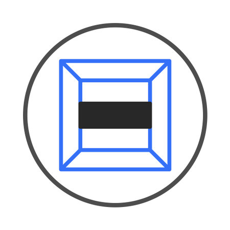 A clean and modern geometric design featuring a blue outlined square containing a horizontal black bar all encased within a gray circle. The composition is simple yet visually compelling, suitableのイラスト素材