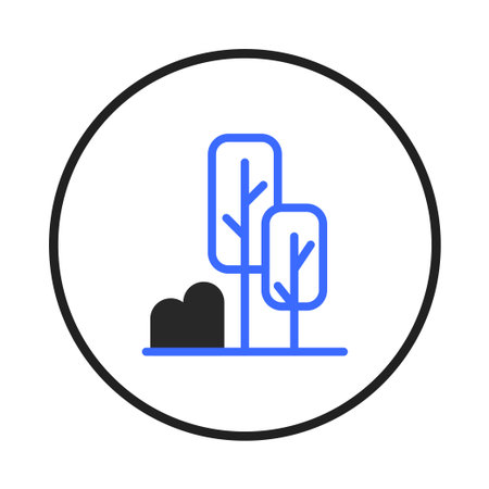 A minimalist illustration features abstracted trees and a bush within a circular frame. The design employs simple lines and geometric shapes to represent a stylized natural scene, ideal for icons orのイラスト素材