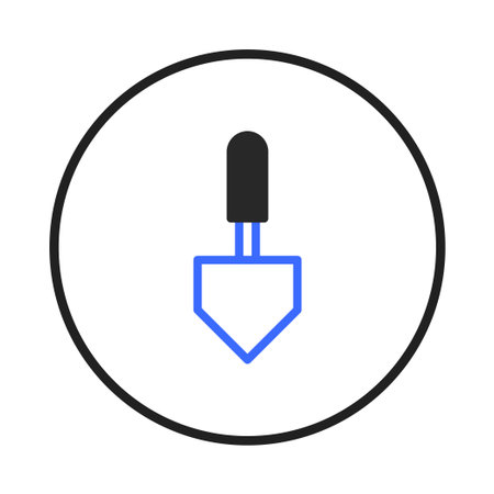 A stylized vector illustration depicts a blue spade-shaped shovel icon within a black circle, symbolizing gardening, construction, or digging tools. The design features clean lines and a minimalのイラスト素材
