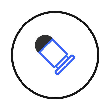 A minimalist illustration features a stylized electronic pen in blue and black outlines against a...