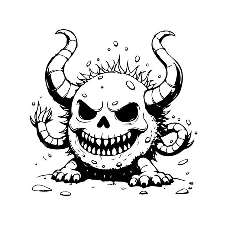 A cartoonish demon illustration showcases a whimsical yet spooky creature with sharp teeth and menacing horns. Rendered in black and white, this vector artwork is perfect for adding a touch ofのイラスト素材