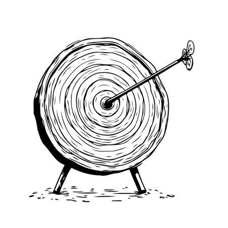 A handcrafted illustration features an arrow precisely hitting the center of a wooden target, embodying themes of strategic accuracy, focused determination, and successful objective achievement. Theのイラスト素材