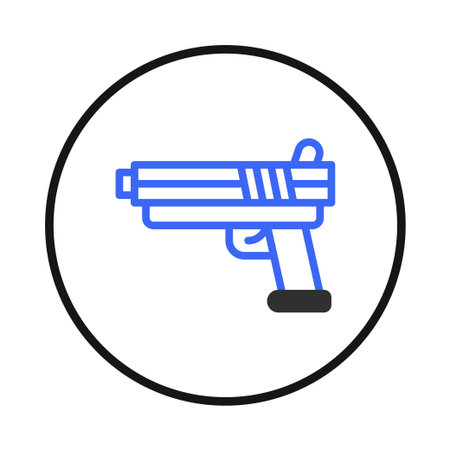 An illustrated blue handgun enclosed within a black circle. This clean, modern design conveys themes of weaponry, security, or potential conflict.  The simplicity of the style makes it suitable forのイラスト素材