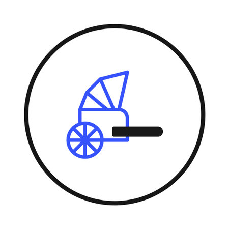 A minimalist representation of a historical baby carriage is depicted with clean lines. The color...