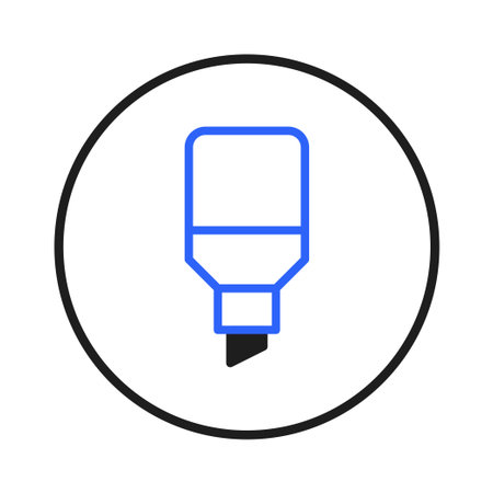 A simple graphic displaying a blue highlighter icon within a black circle. Represents stationery, education, creative tools or office equipment, offering design clarity. Suitable for websites, apps,のイラスト素材