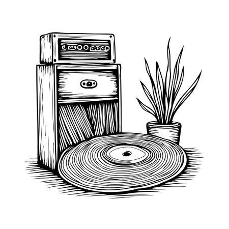 An artistic line drawing depicts a vintage music setup, featuring a vinyl record, an amplifier atop a cabinet, and a potted plant. This evokes a sense of nostalgia and love for classic audioのイラスト素材