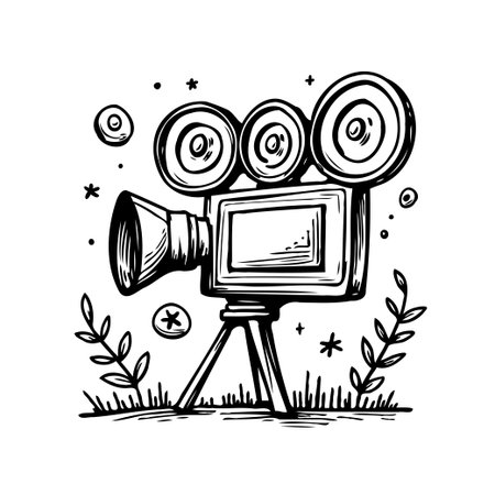 This striking hand-drawn vintage movie camera illustration conjures a sense of cinematic history and artistic expression. With its antique charm and delicate detailing, it's perfect for capturingのイラスト素材