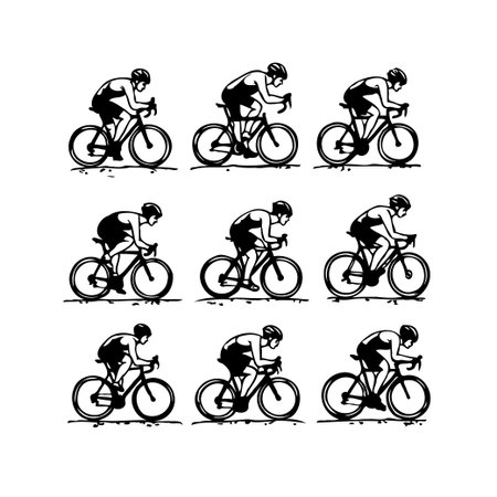 A vectorized illustration depicting a group of cyclists engaged in a race or competition. The minimalist black and white design highlights the dynamic motion of the cyclists, capturing the essenceのイラスト素材