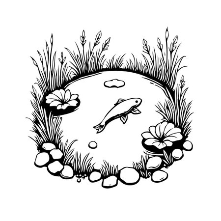 A simple yet elegant vector illustration depicting a fish gracefully swimming in a tranquil pond. The scene is framed by reeds and water lilies, creating a serene and minimalist design, evokes aのイラスト素材