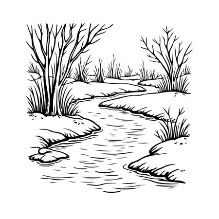 A tranquil black and white winter scene showcases a gently meandering river flowing amidst snowy banks and bare trees. The minimalist artwork evokes a sense of peacefulness and calm in the sereneのイラスト素材