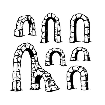 Collection of hand drawn stone arches for decorative elements. Includes different style of entrance, medieval ancient fort entrances. Perfect for creating unique backgrounds, textures, and designsのイラスト素材