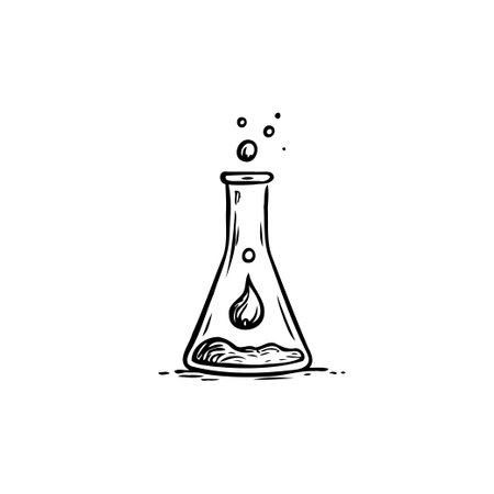 An artistic, monochrome illustration of a laboratory Erlenmeyer flask showcasing a chemical experiment. The hand-drawn style evokes a sense of scientific exploration and analysis. Use it as aのイラスト素材
