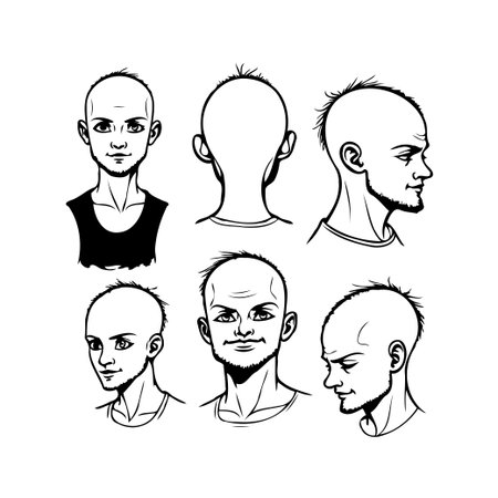 This image presents a detailed series of drawings showcasing diverse angles and views of a human head. Each representation highlights different facial expressions and outlines, providing an artisticのイラスト素材