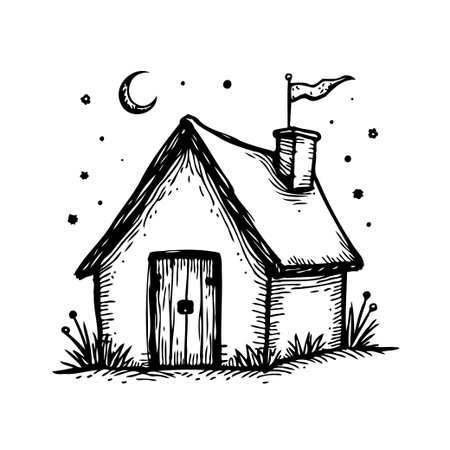 Charming hand-drawn cottage illustration featuring a cozy house beneath a crescent moon and twinkling stars. A flag waves atop the chimney, adding a touch of whimsy to this serene night scene,のイラスト素材