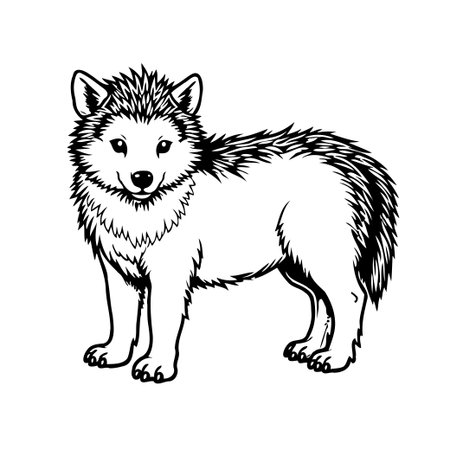 This simplistic monochrome line drawing captures the charm of a wolf cub. Its furry texture and expressive eyes are rendered with delicate lines, making it ideal for artwork, designs, or projectsのイラスト素材