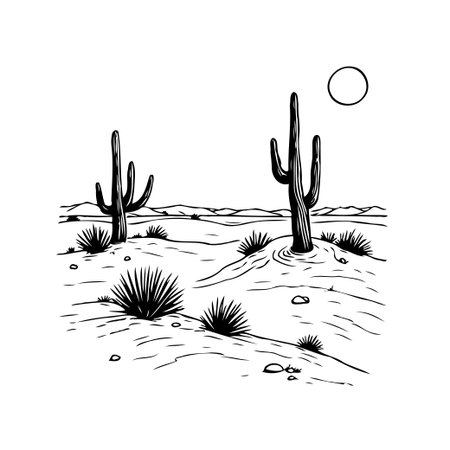 A simplistic yet elegant monochromatic illustration captures the essence of a tranquil desert landscape. Two majestic saguaro cacti stand tall amidst the undulating terrain, under the gaze of aのイラスト素材