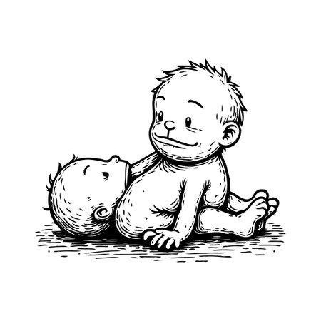 This expressive monochrome artwork portrays an tender interaction between siblings. A depiction of newborn affection. Simple graphic line drawing capturing the tender moment of infancy, evoking aのイラスト素材
