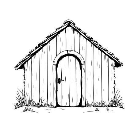 This monochrome sketch presents a rustic wooden shed, hand drawn with simple lines and an arched door, evokes a sense of country life and vintage charm perfect for design projects requiring anのイラスト素材