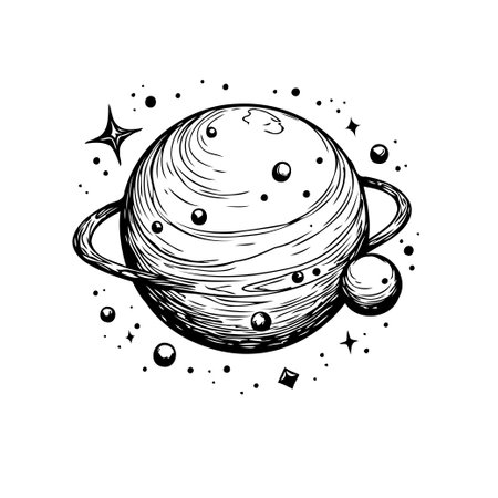 A stylized, monochrome illustration depicts a celestial sphere, possibly a planet, complete with prominent rings and scattered cosmic dust. The artwork evokes feelings of wonder and exploration,のイラスト素材