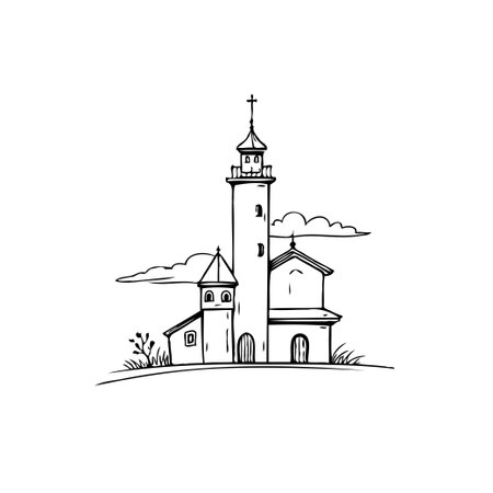 A minimalist sketched illustration depicts a quaint church, featuring traditional architectural elements. The structure sits atop a gentle rise, creating a serene and inviting scene, perfect forのイラスト素材